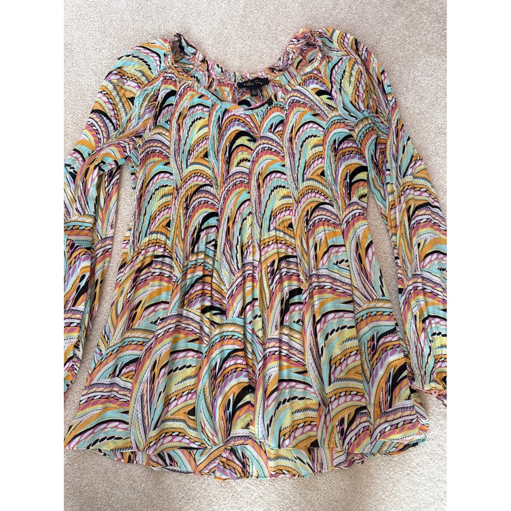 Melissa Paige Women's Size L Pleated Long Sleeve Blouse Abstract Print